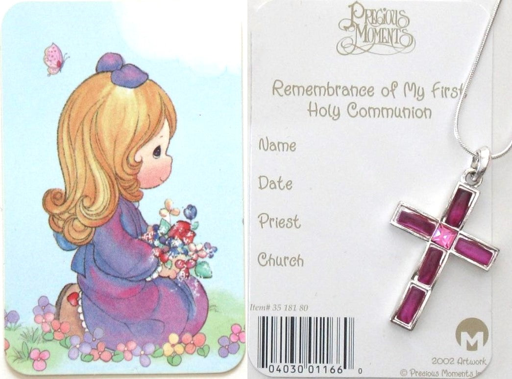 Pink Cross Necklace with Precious Moments Communion Remembrance Card