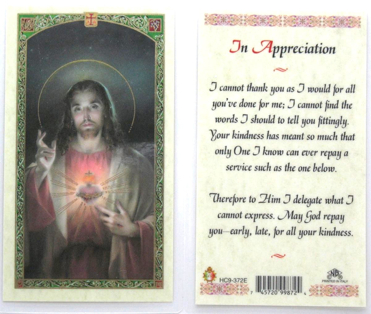 Laminated - Sacred Heart of Jesus - In Appreciation