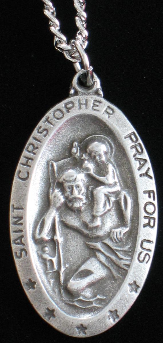 St. Christopher - Pewter X-Lg Medal Oval With Chain 24" Long
