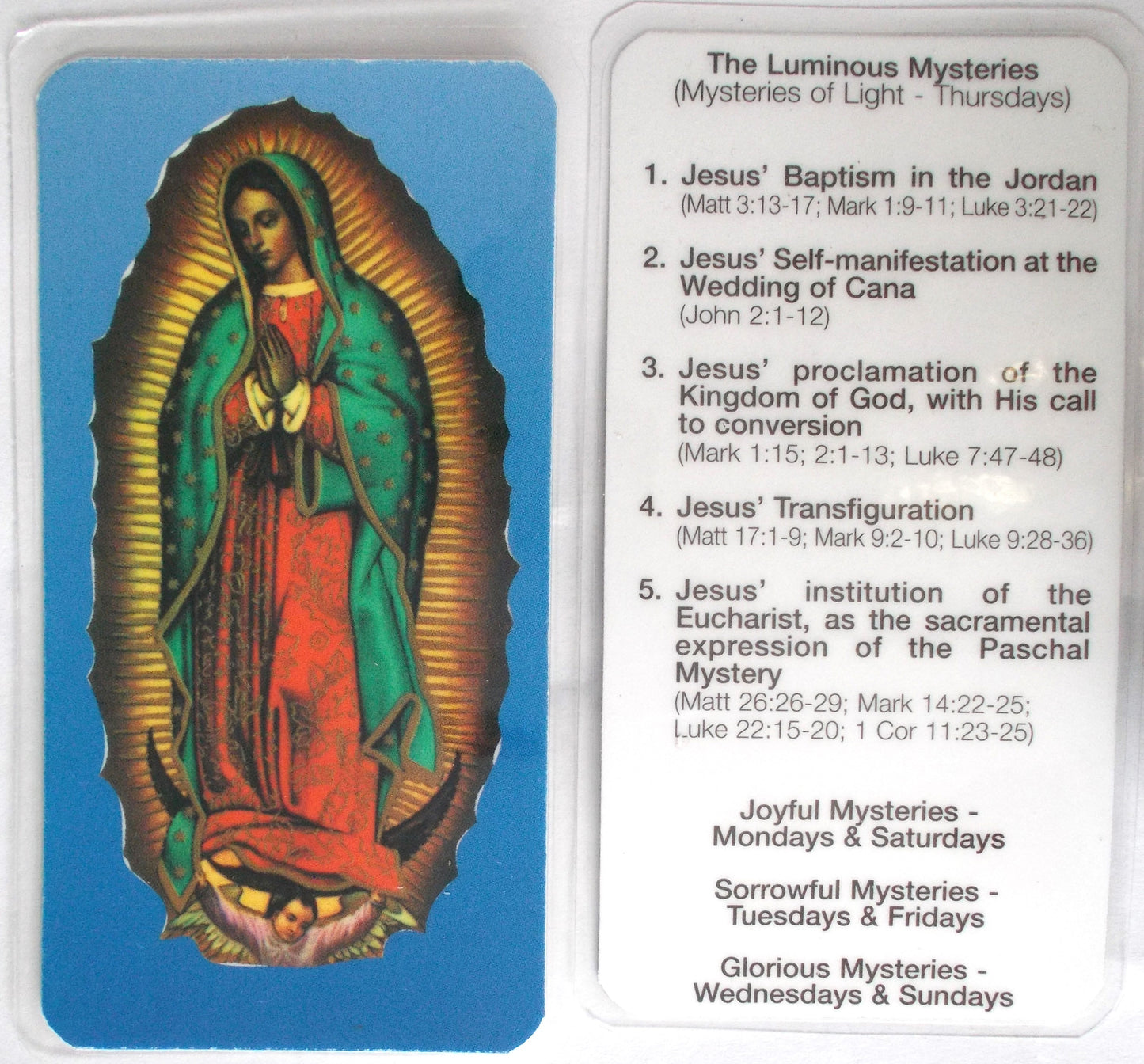 Laminated - Our Lady of Guadalupe - The Luminous Mysteries - Prayercard