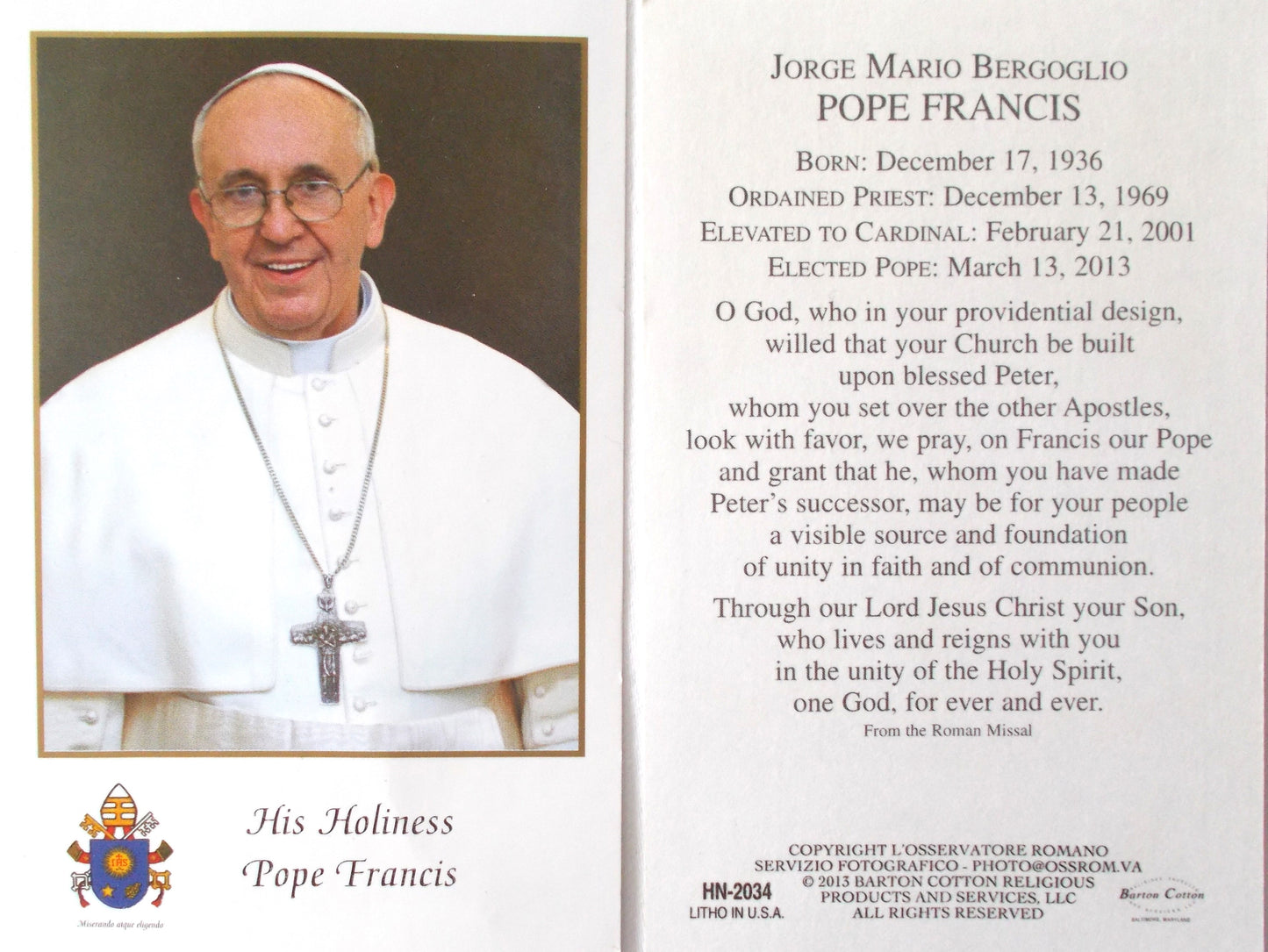Pope Francis Holy Card