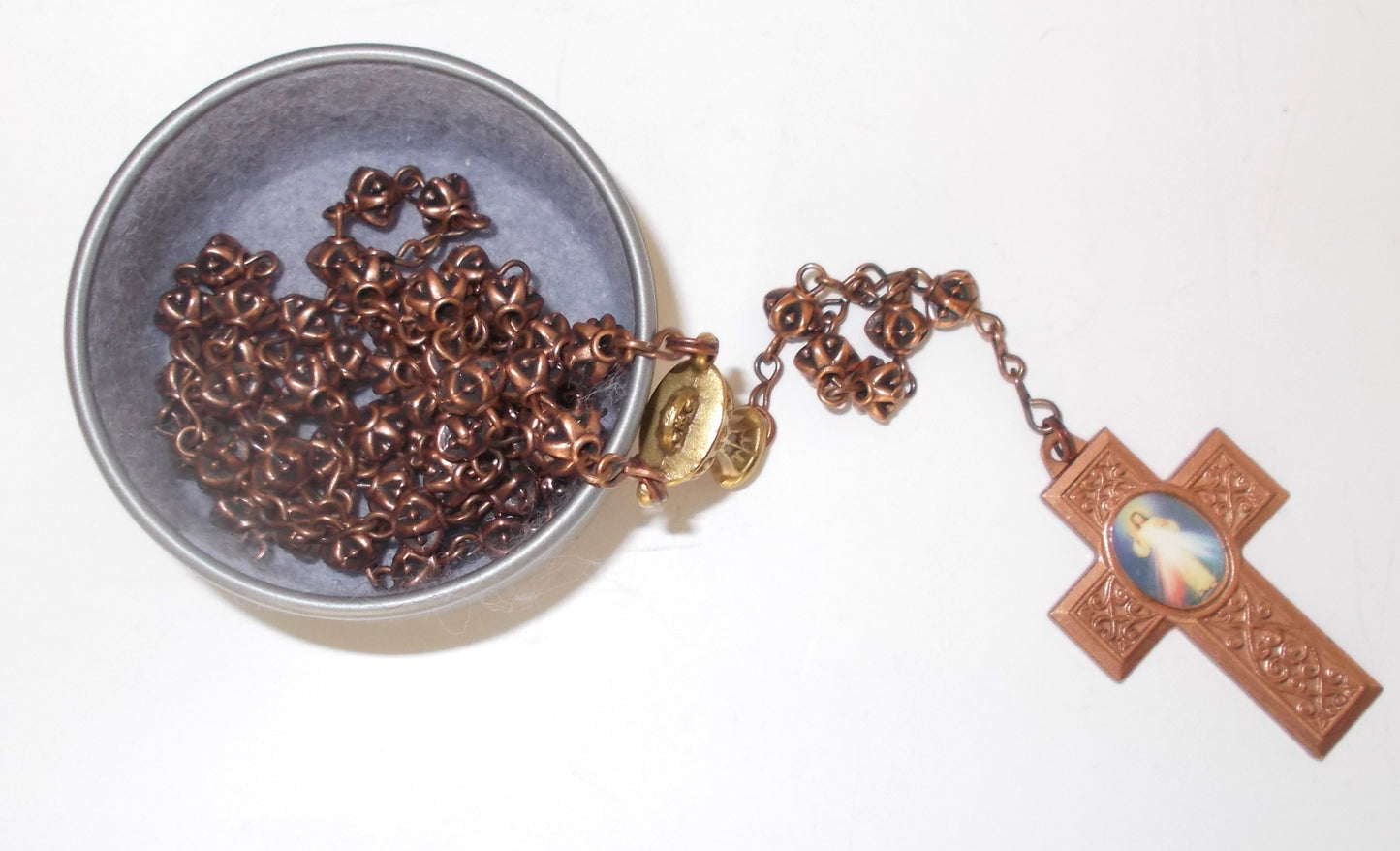 Copper-tone Rosary with Divine Mercy Cross & Bronze Chalice