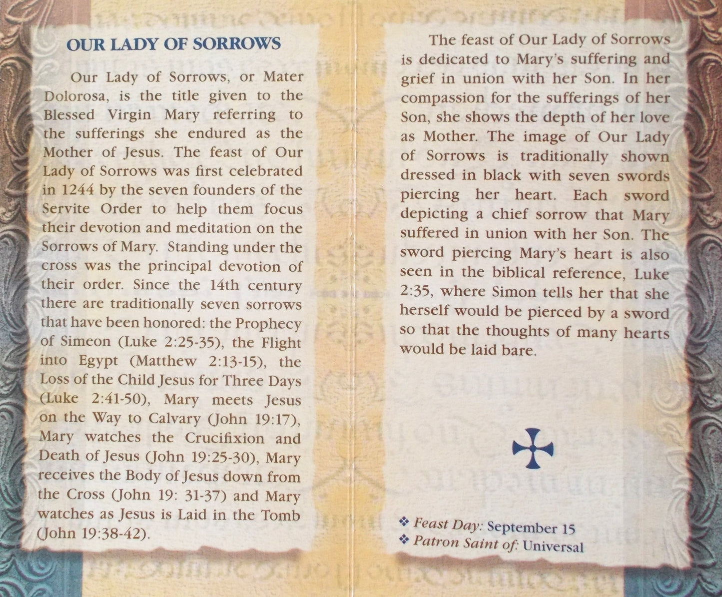 Our Lady of Sorrows Biography Prayer Pamphlet