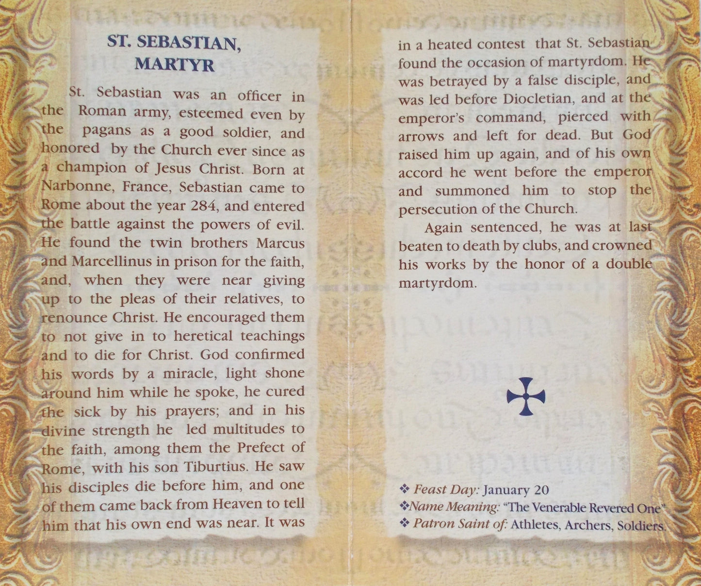 St. Sebastian Biography Prayer Pamphlet