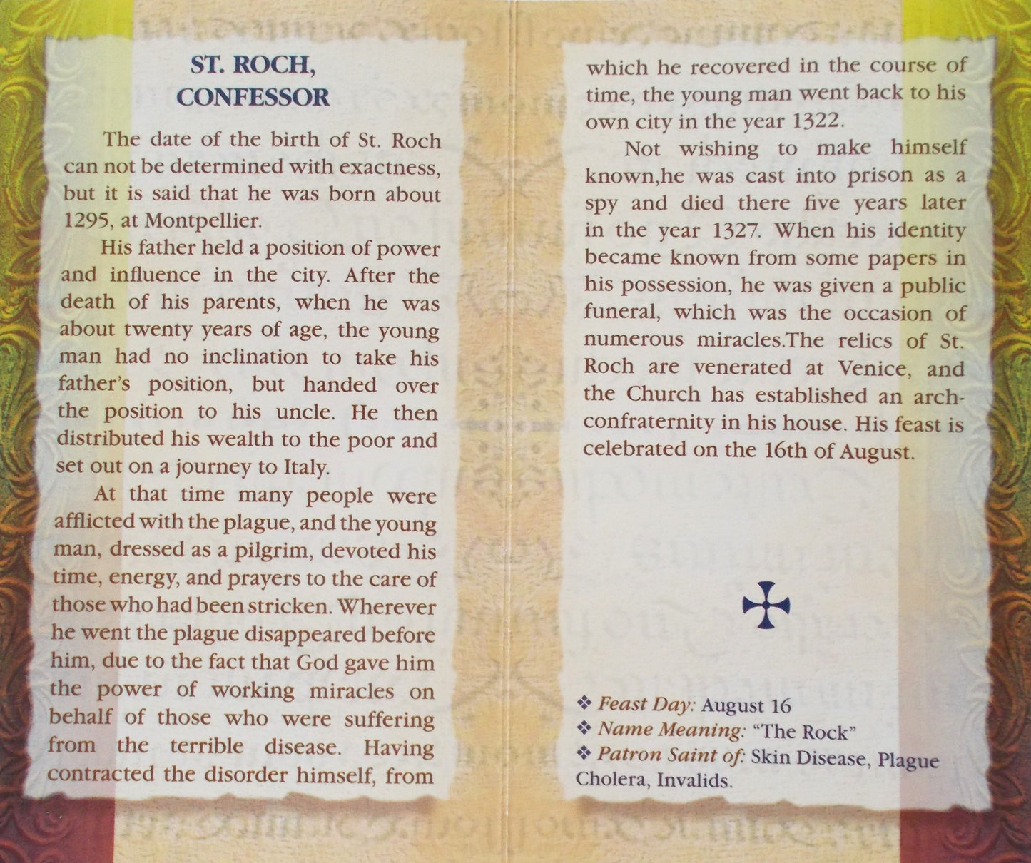 St. Roch Biography Prayer Pamphlet