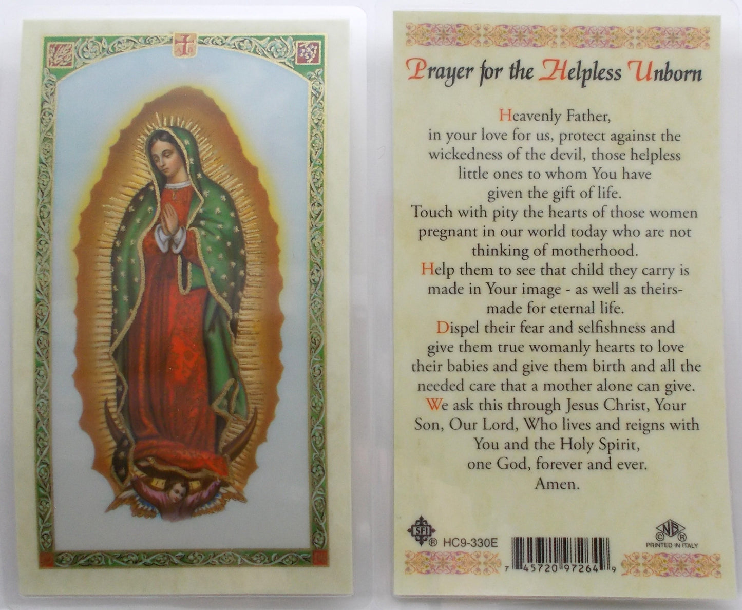 Laminated - Our Lady of Guadalupe - Prayer for the Helpless Unborn