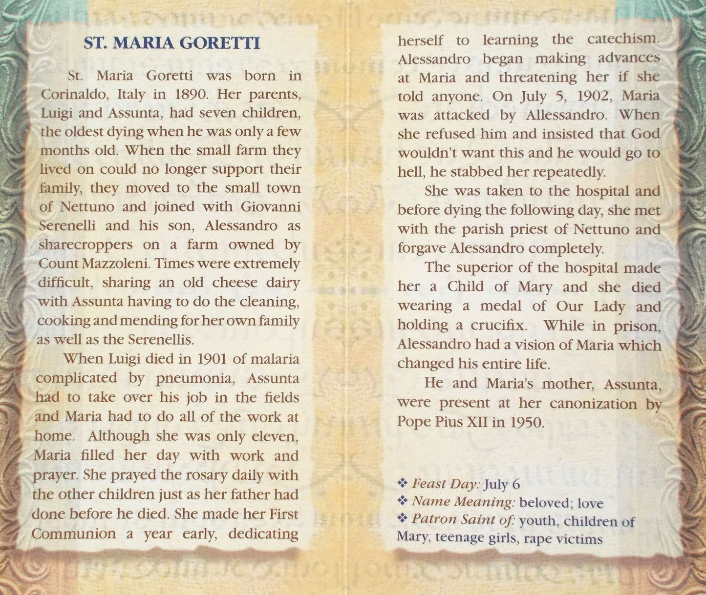 St. Maria Goretti Biography Prayer Pamphlet