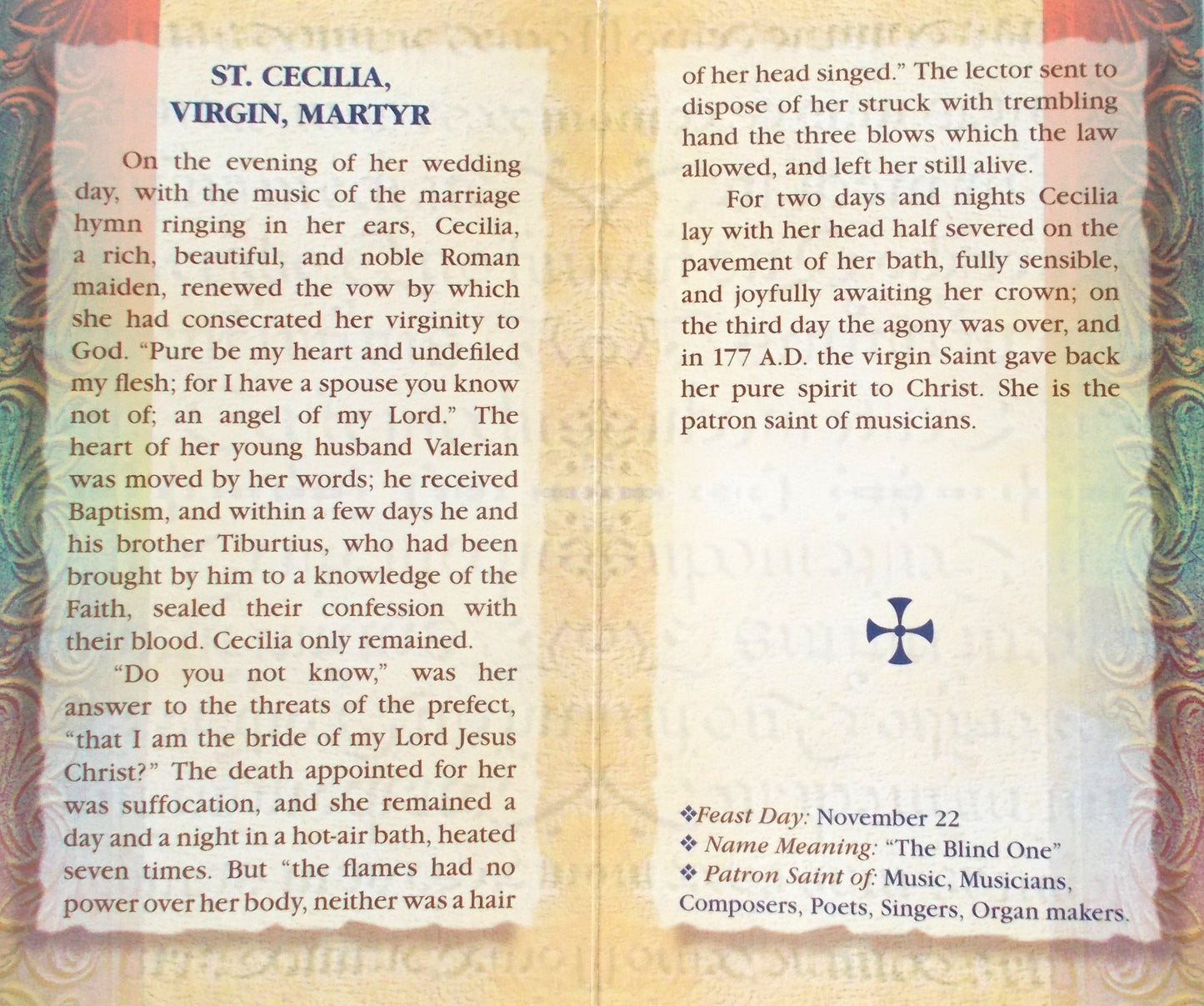 St. Cecilia Biography Prayer Pamphlet
