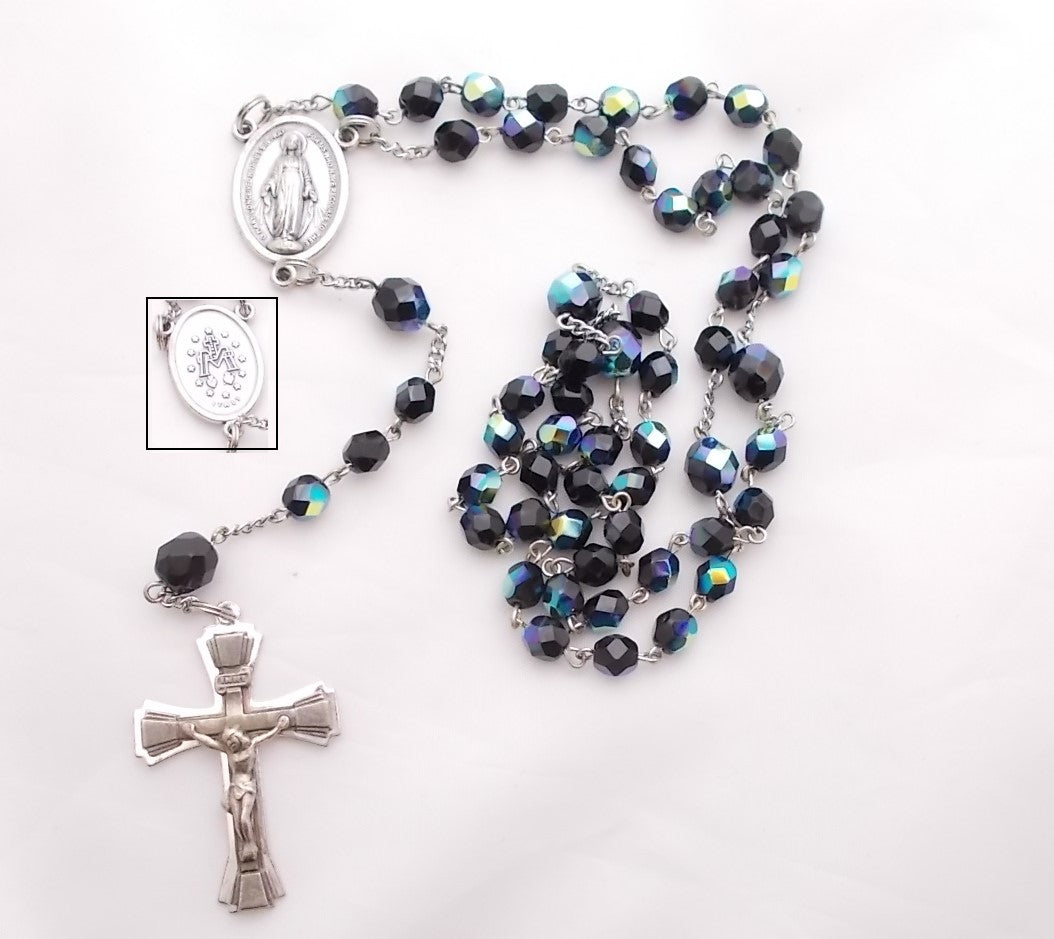 Rosary - Chain with Aurora Borealis Black Glass Beads