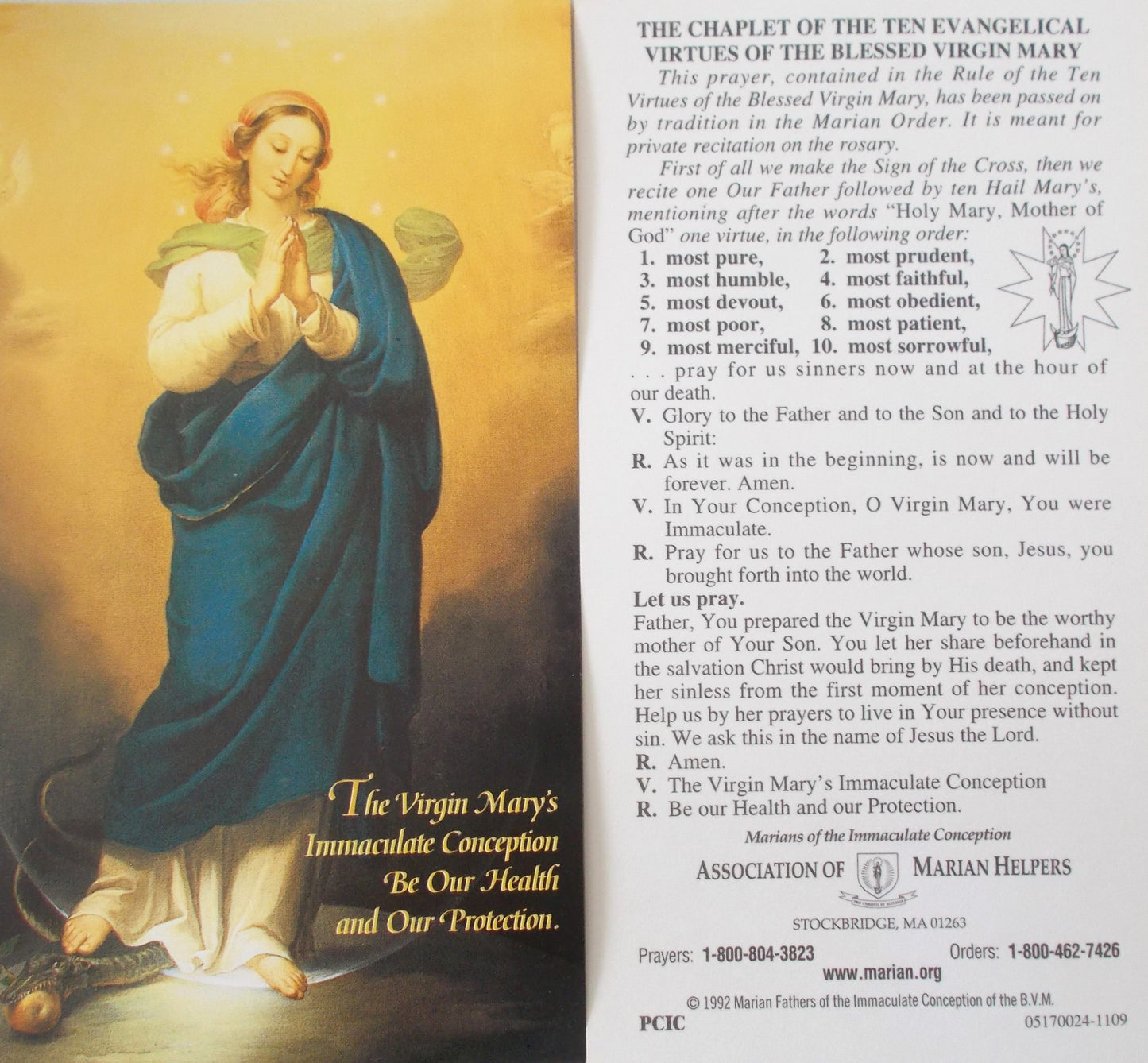 Immaculate Conception Chaplet of Ten Evangelical Virtues of Mary - Prayercard