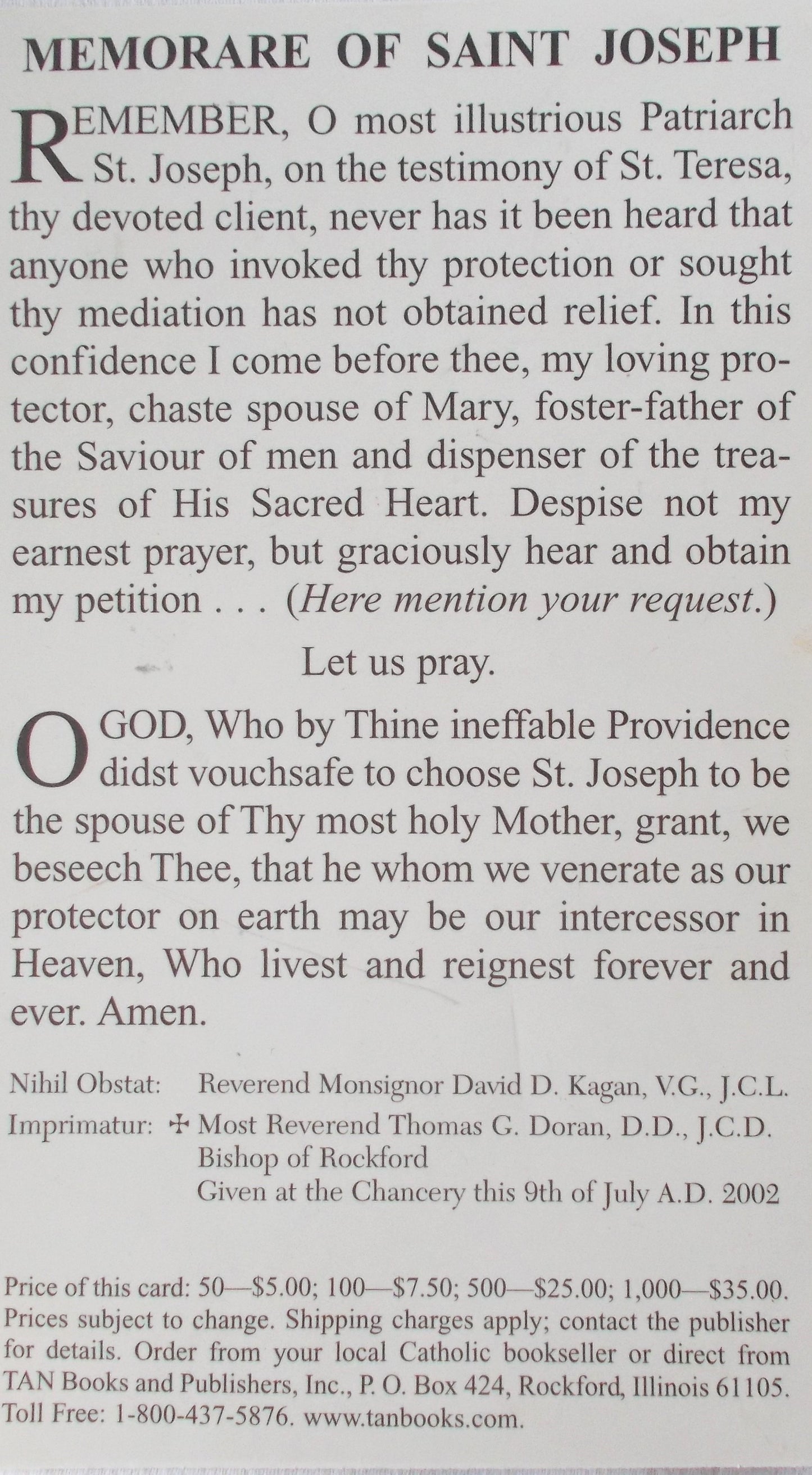 Memorare of St. Joseph Large Prayercard