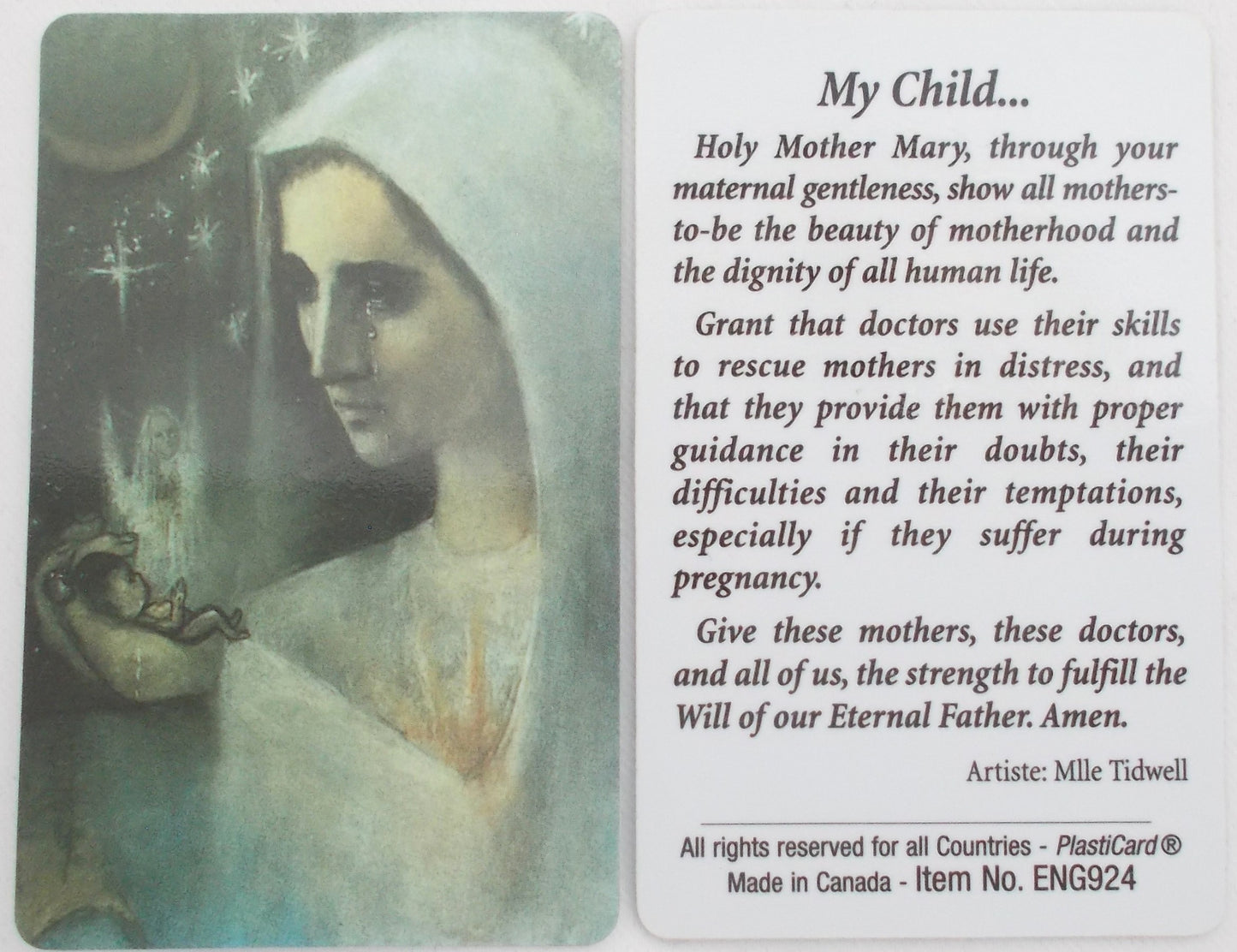 My Child - Mary Holding Fetus - Pro-life Plastic Prayercard