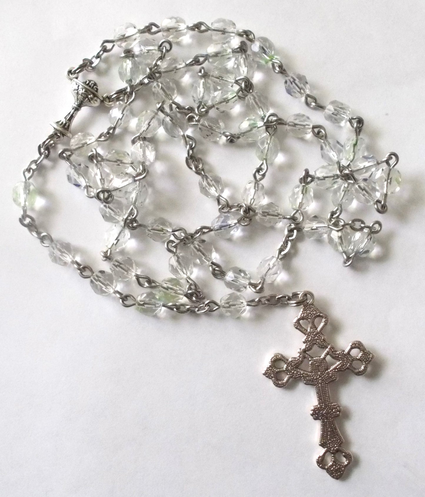 First Communion Clear Rosary with Leather Pouch