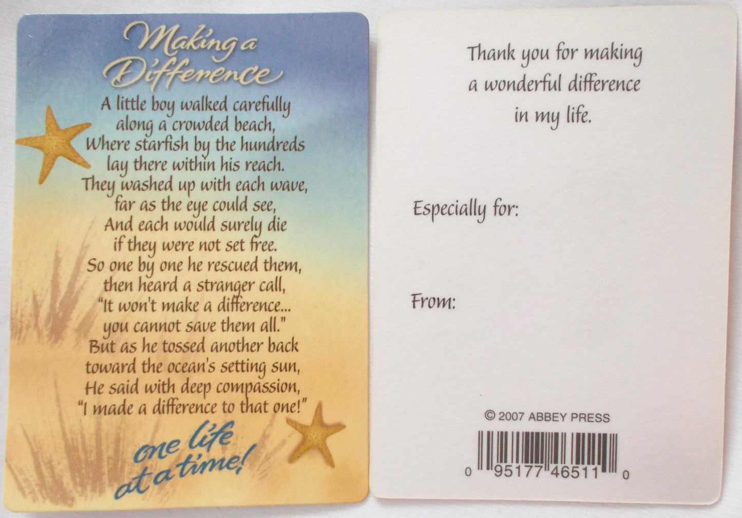Making A Difference -Thank You - Coated Cardstock Prayercard