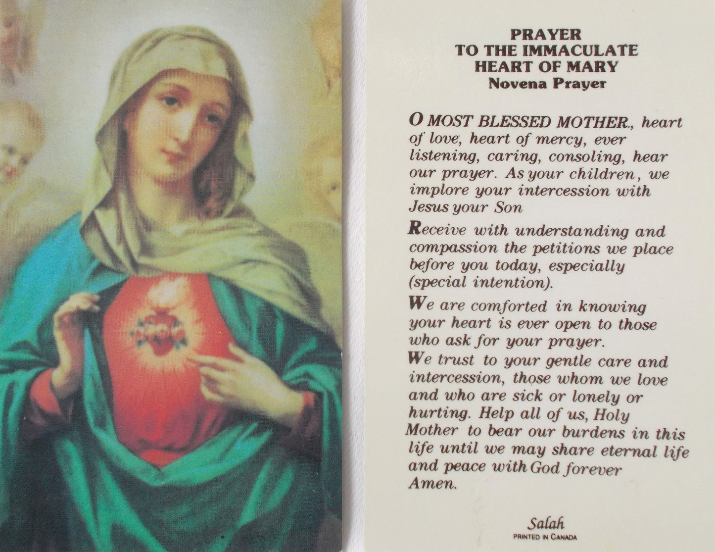 Immaculate Heart Of Mary - Coated Cardstock Prayercard