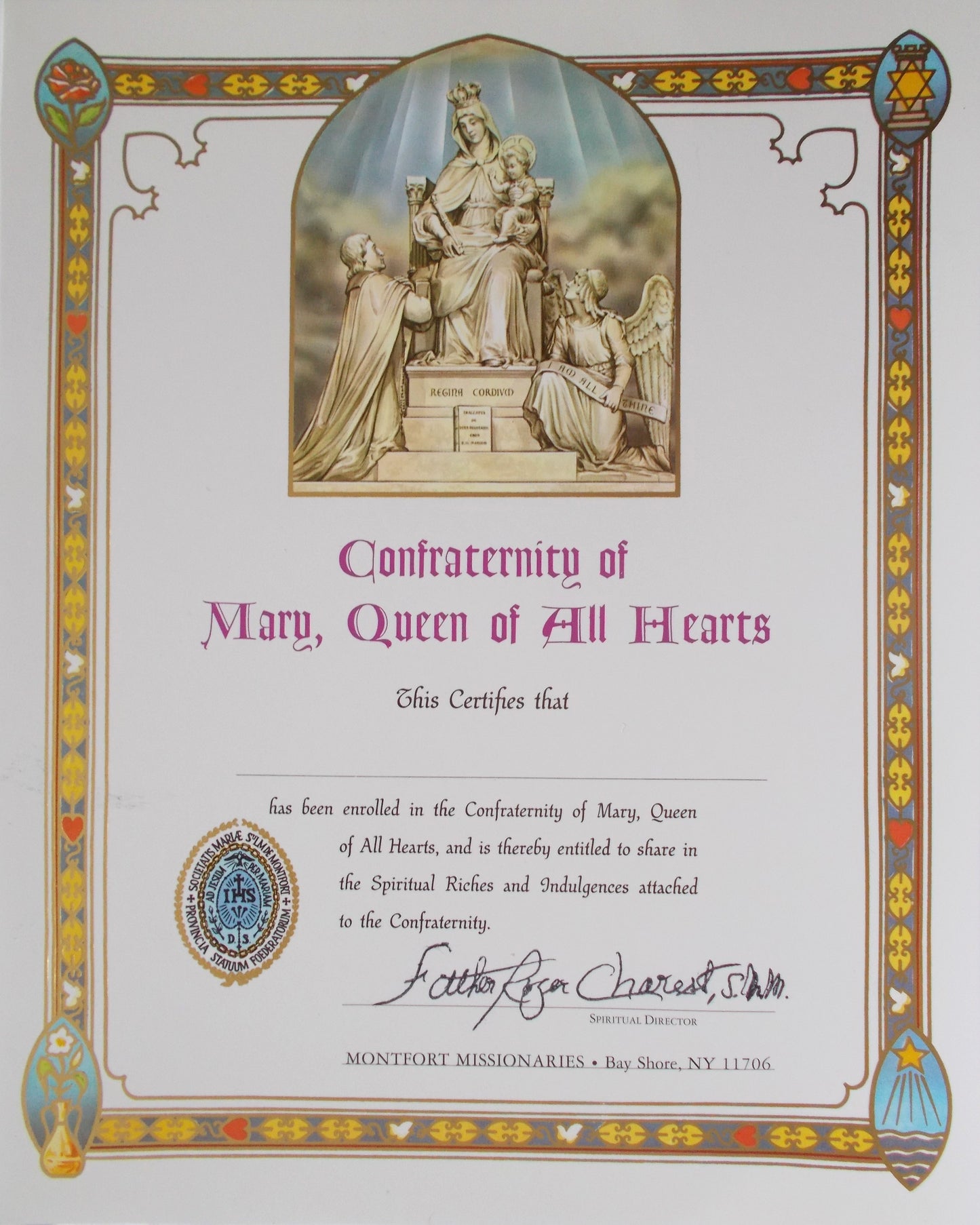 Confraternity of Mary, Queen of All Hearts Certificate 8 x 10