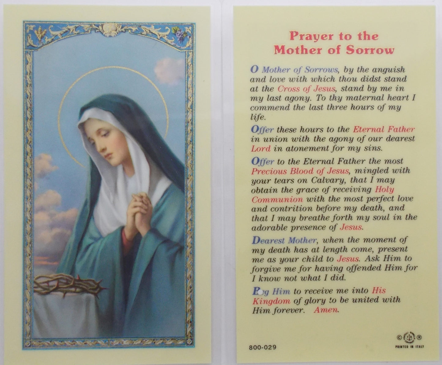 Pewter Medal with Chain & Prayercard - Sorrowful Mother