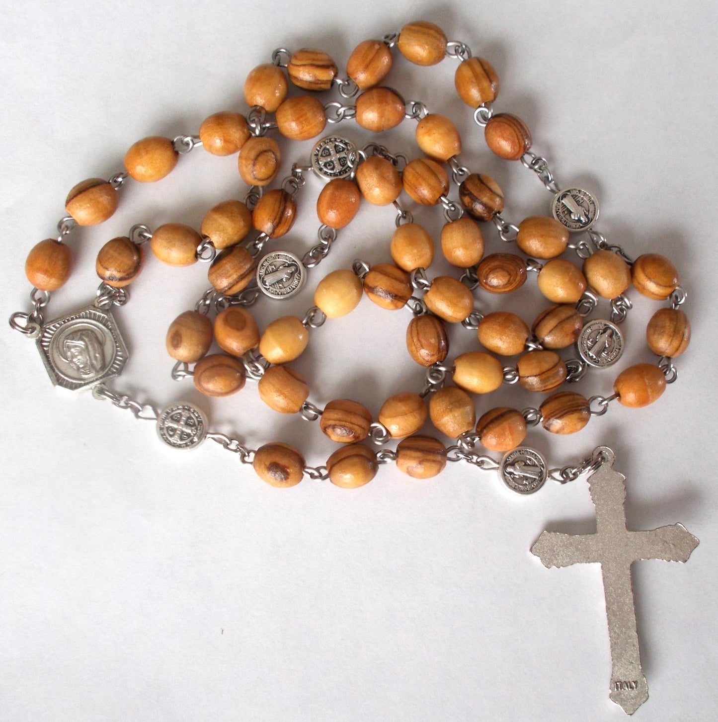 Olive Wood Beads Rosary - Large Oval Beads -St. Benedict