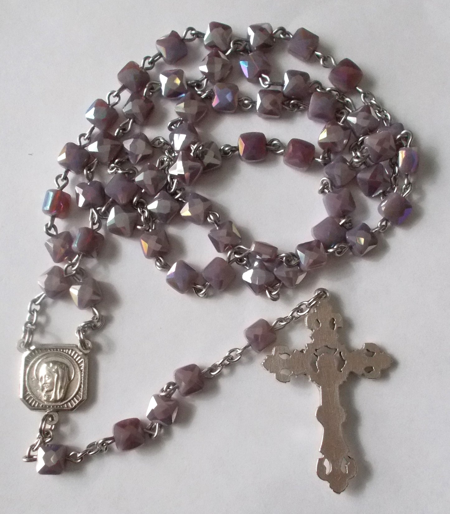 Purple Crystal Flat Square Bead Rosary