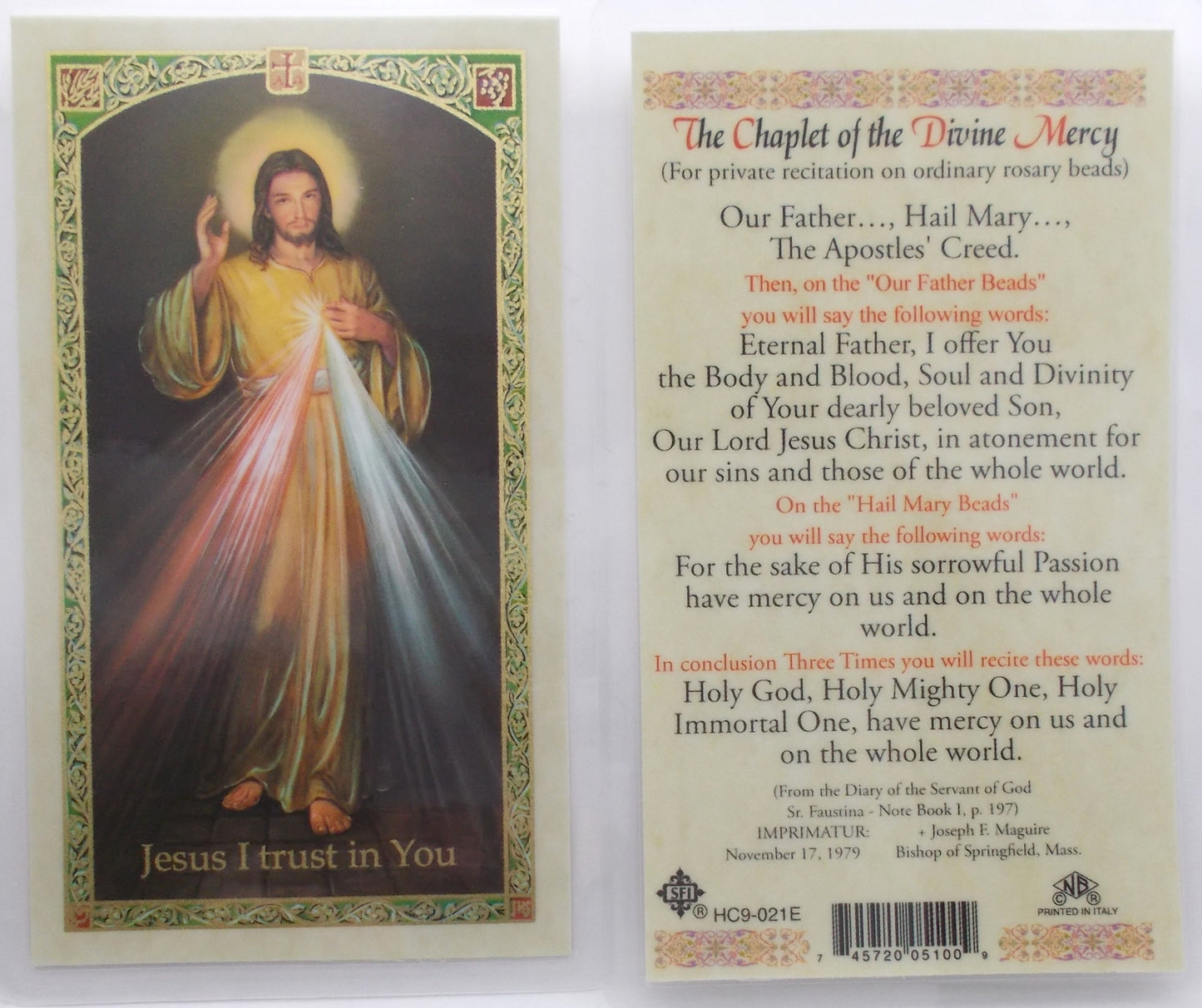 Pewter Medal with Chain & Prayercard - Divine Mercy / St. Faustina