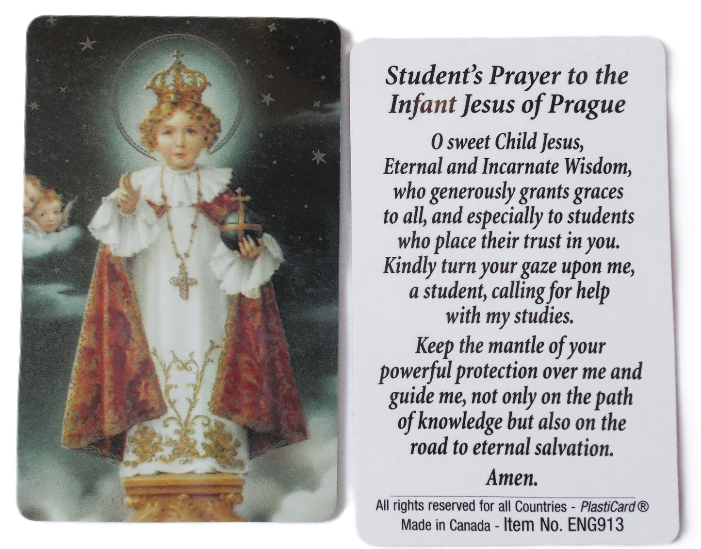 Plastic -Student's Prayer to the Infant of Prague Prayercard