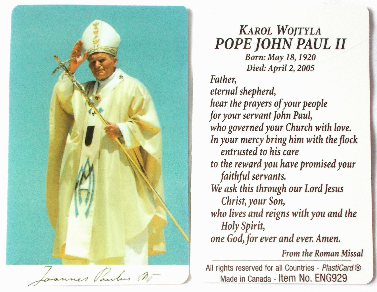 Plastic - Pope John Paul II Prayercard
