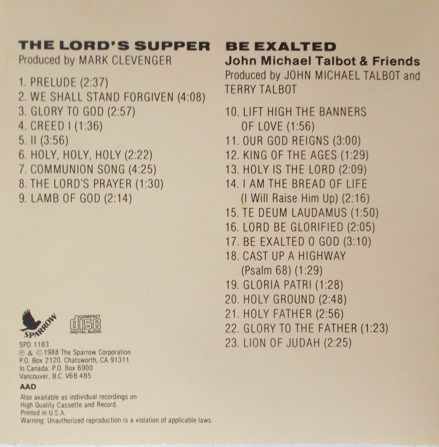John Michael Talbot - The Lord's Supper / Be Exalted - Music CD - Demo - Used