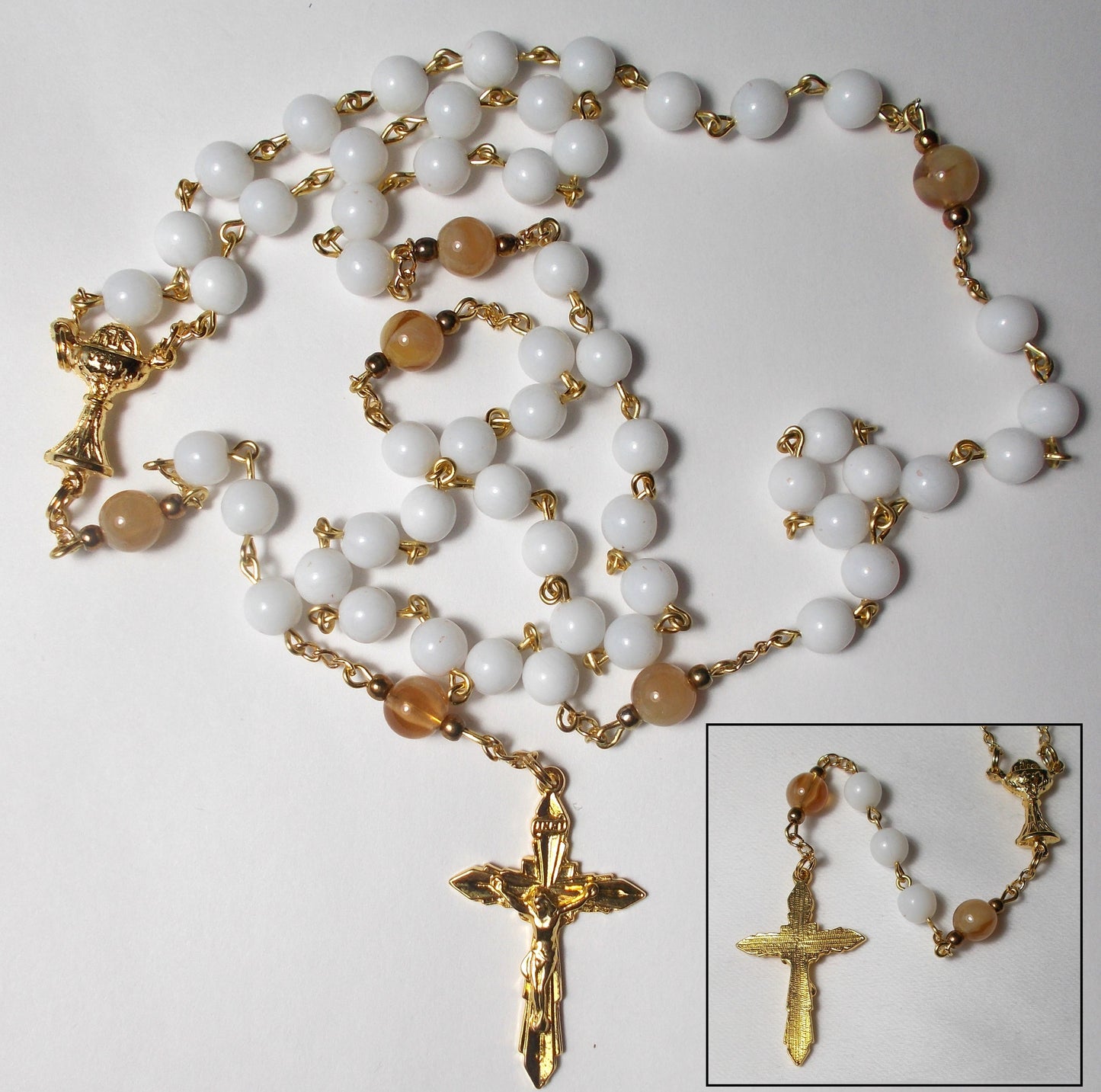 White & Tan Chalice Chain Rosary