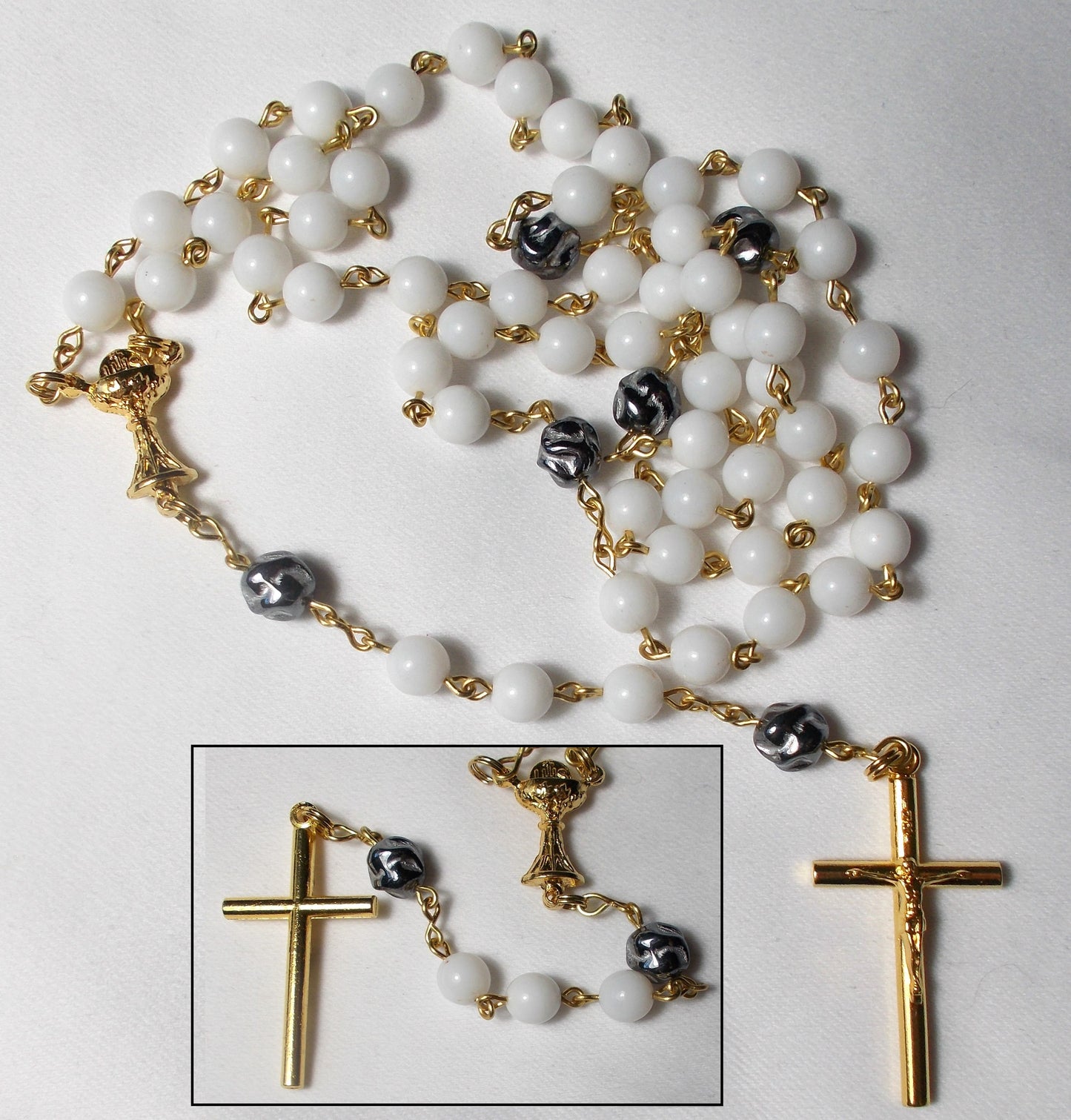 White & Hematite-Like Twist Chalice Chain Rosary
