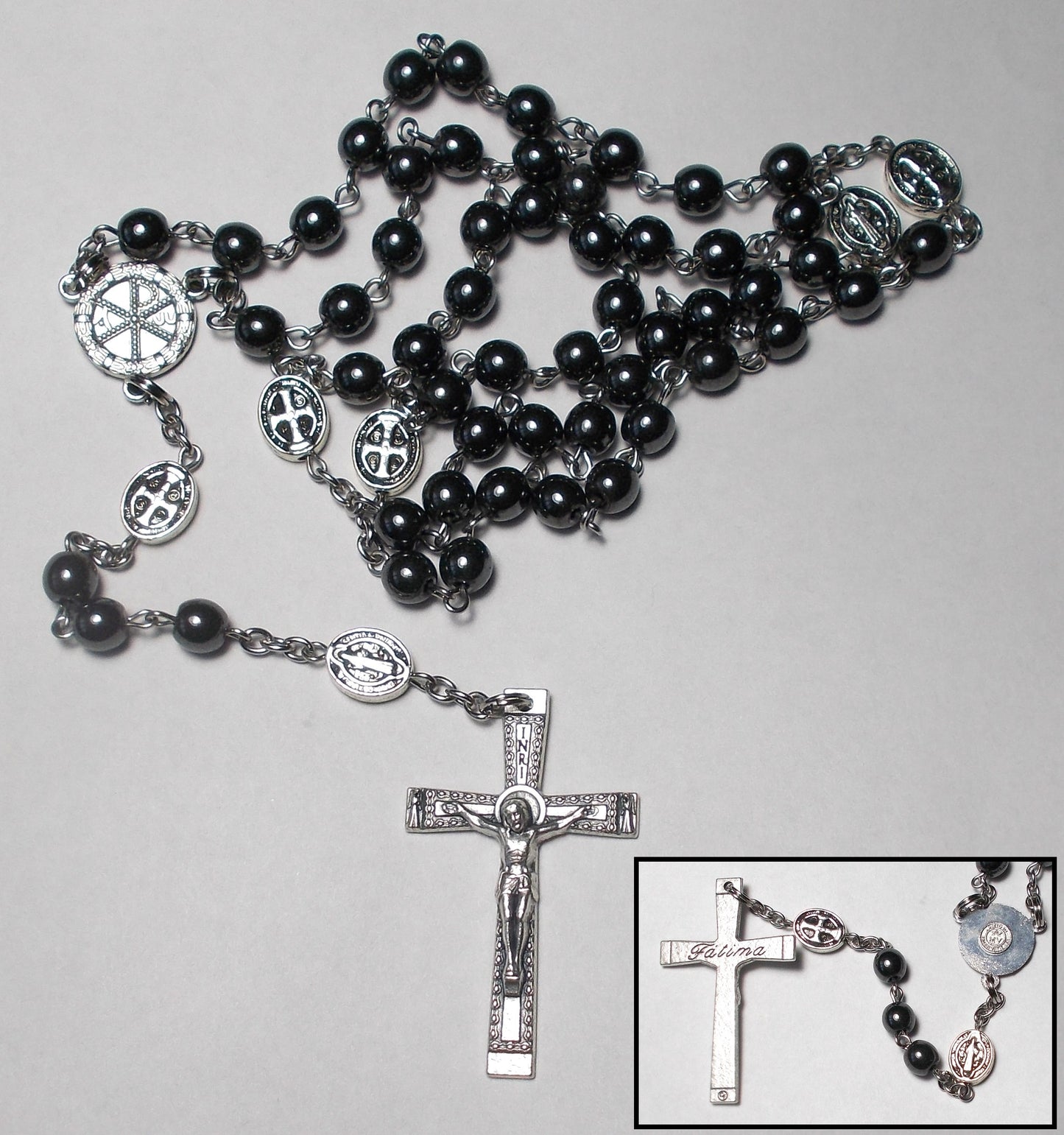 Hematite Rosary with St. Benedict Our Father Beads