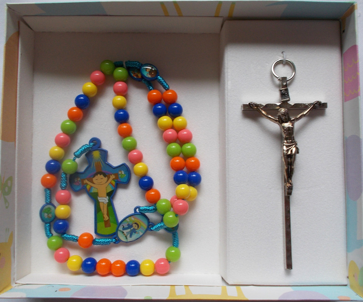 Multi Colored Wood Rosary and 4in Crucifix Gift Set