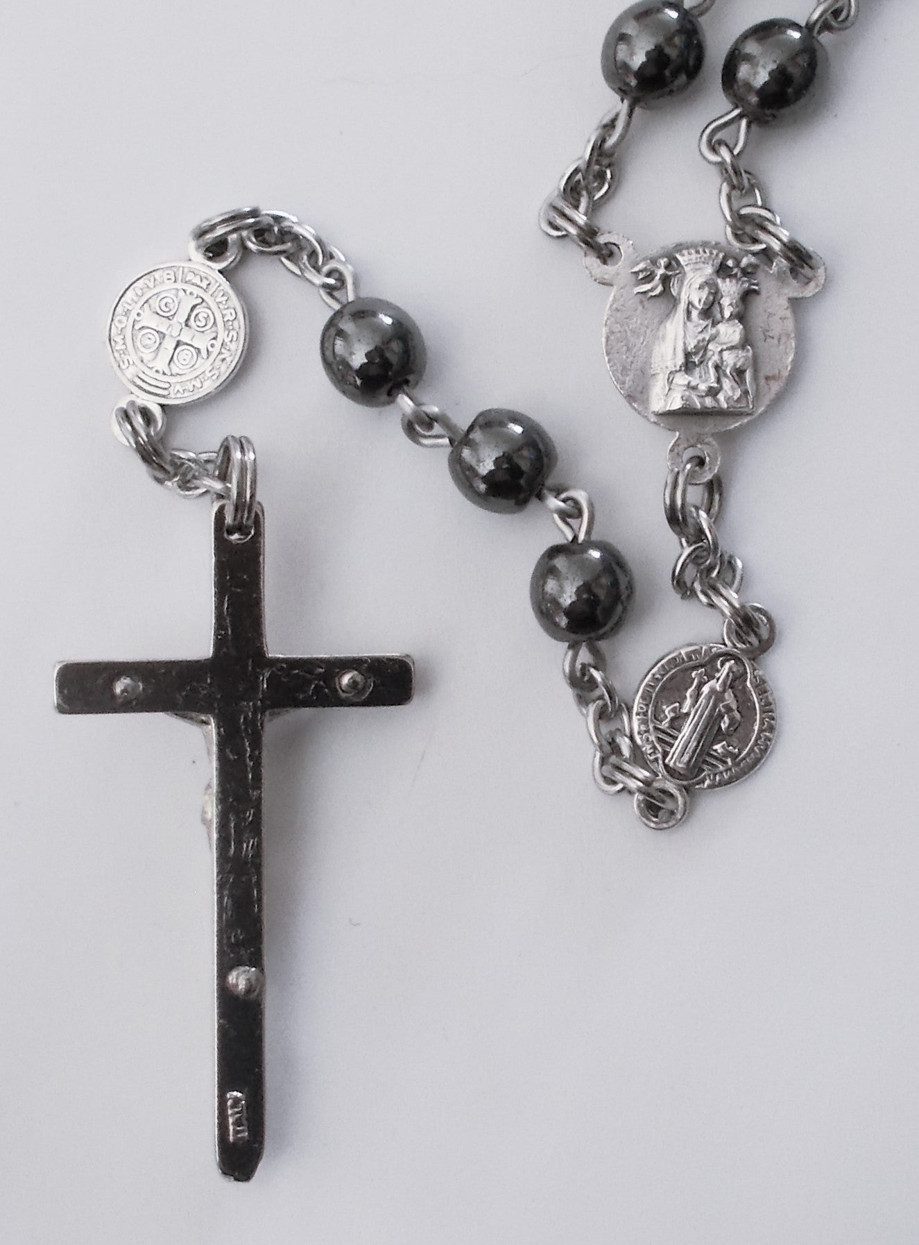 Hematite Bead Rosary with St. Benedict Medals