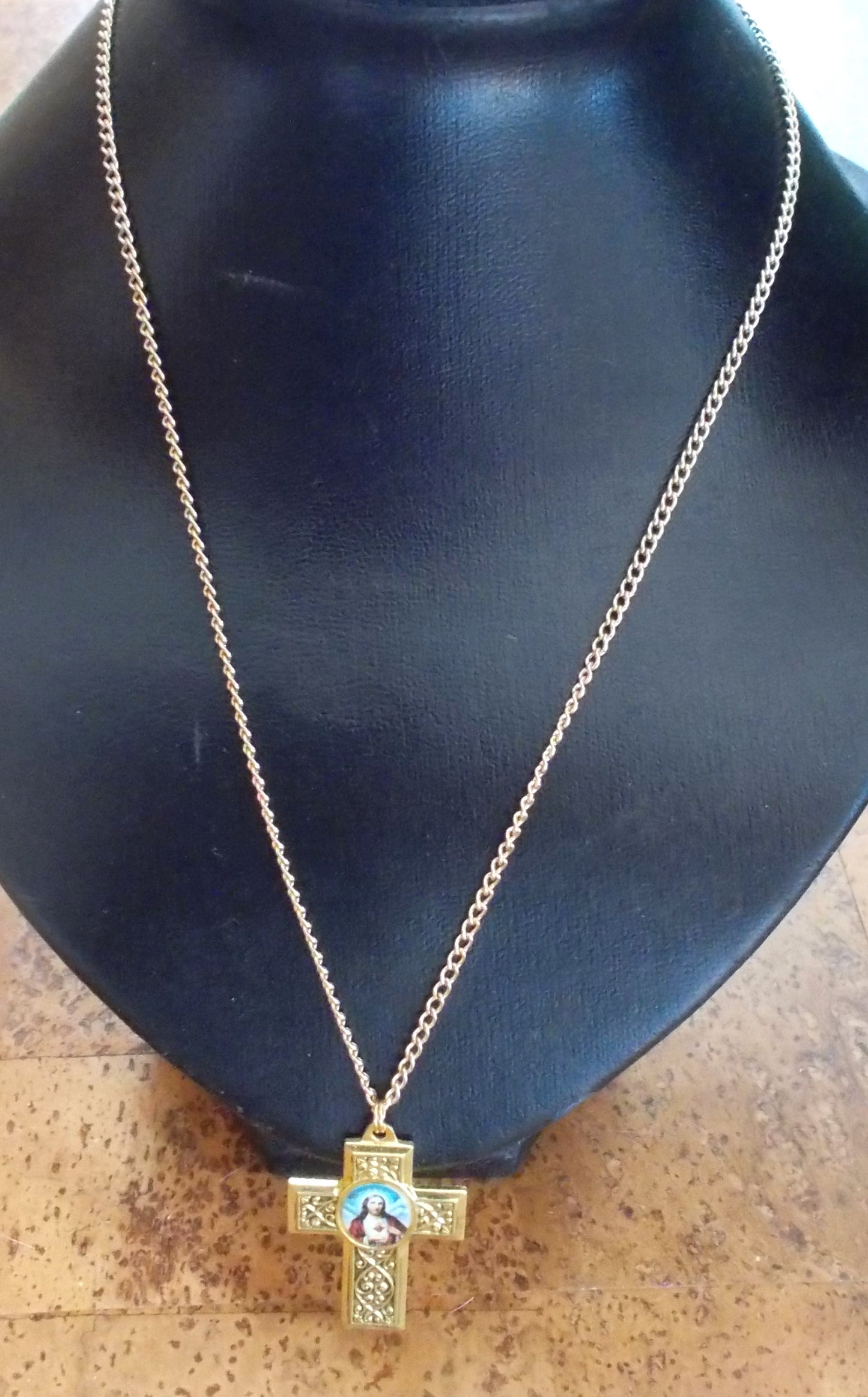 Sacred Heart Gold Tone Cross with 20 inch Chain