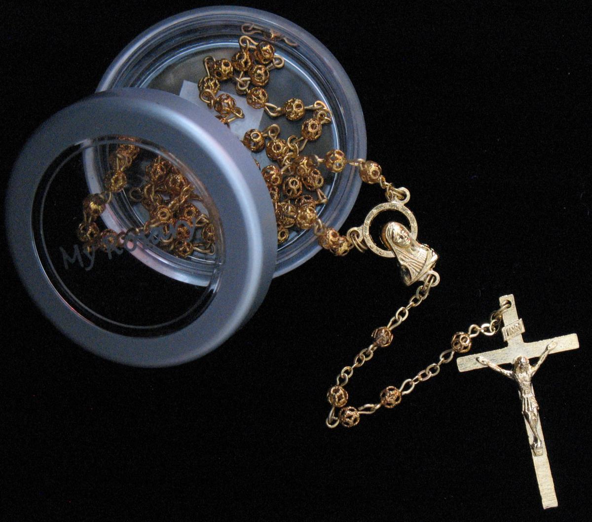 Rosary - Tiny Gold tone Filigree Metal Beads with case