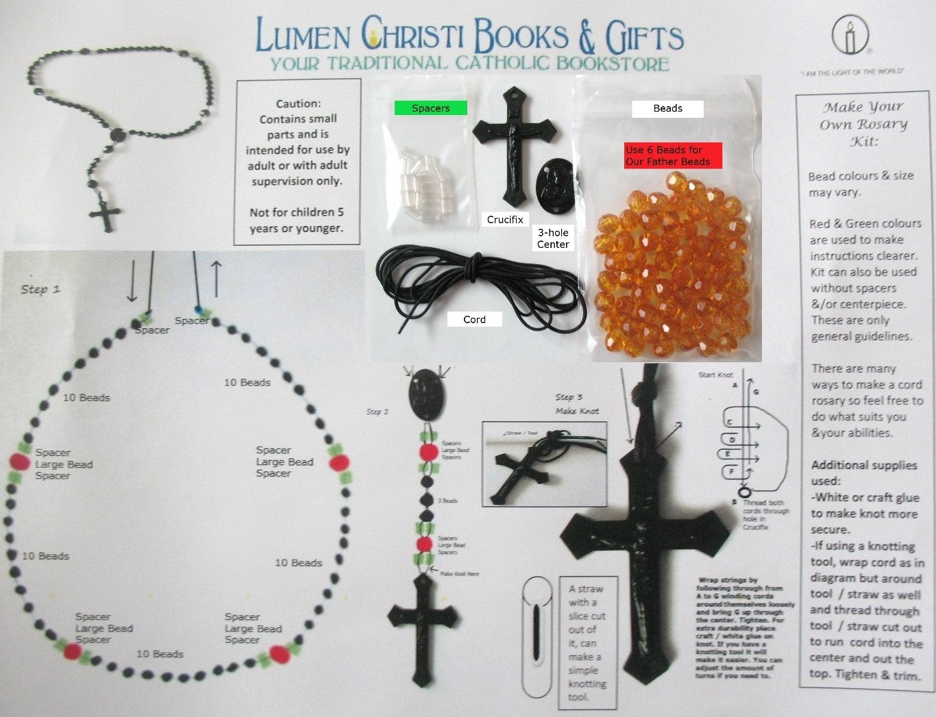 Rosary Making Kits - Topaz, Black Cord, Crucifix & Center - Package of 6*