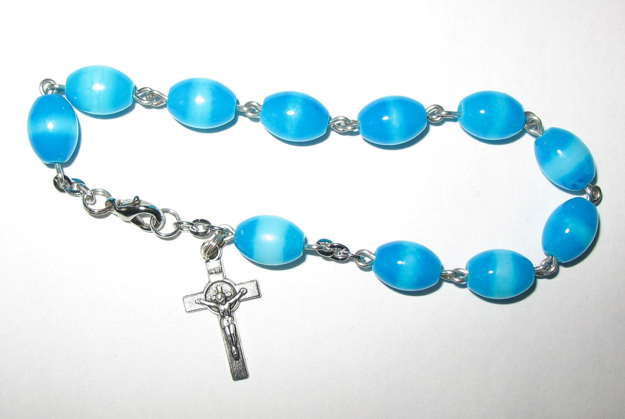 Rosary Bracelet - Chain with Blue Glass Beads and St. Benedict Crucifix