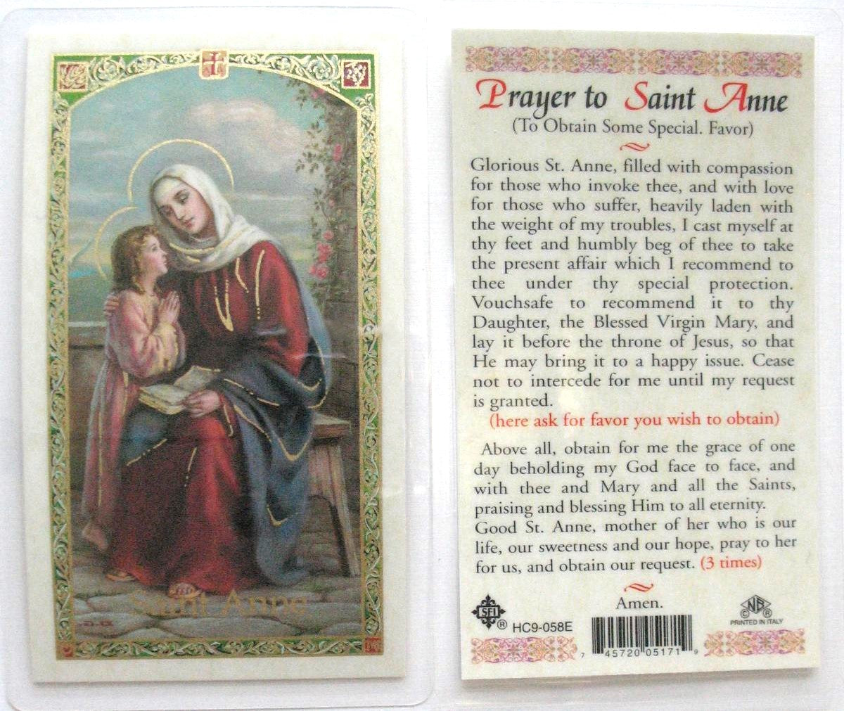 Laminated - St. Anne - Mother of Mary - Prayer to Obtain a Special Favor