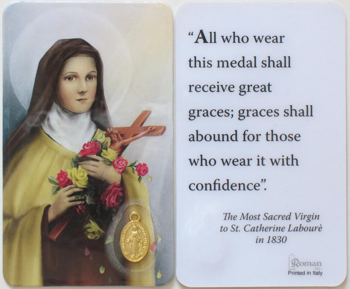 Plastic - Small Prayercard with Miraculous Medal Embedded