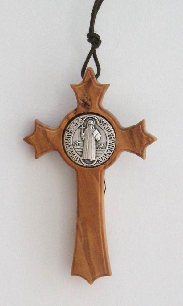 St. Benedict Crucifix Olive Wood Necklace 30" Cord