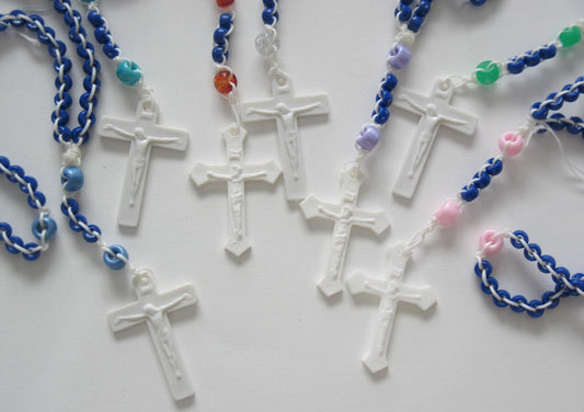 Rosary - Ladder White Cord with Blue Plastic Beads