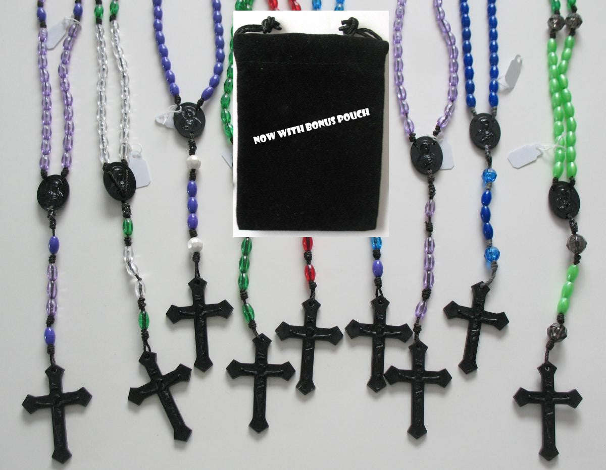 Black Cord Rosary with Plastic Beads & Bonus Pouch
