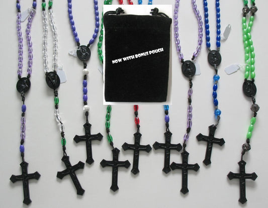 Black Cord Rosary with Plastic Beads & Bonus Pouch