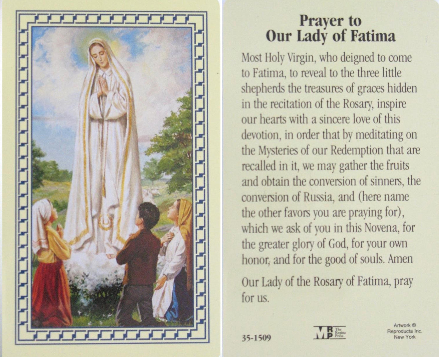 Plastic - Our Lady of Fatima Prayercard