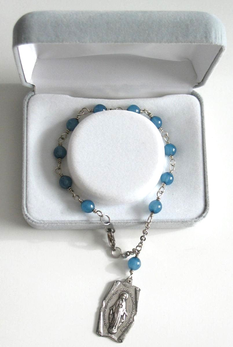 Rosary Bracelet Wire-wrapped with Blue Glass Beads & Miraculous Medal