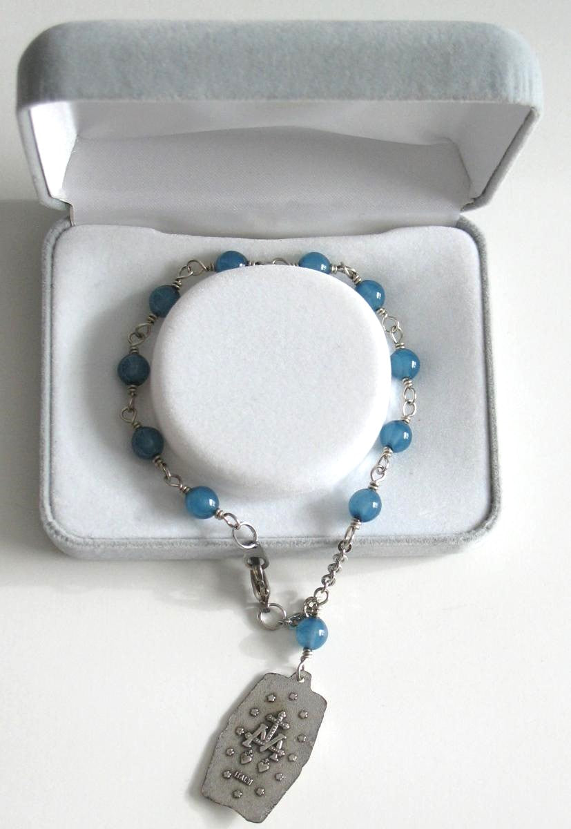 Rosary Bracelet Wire-wrapped with Blue Glass Beads & Miraculous Medal