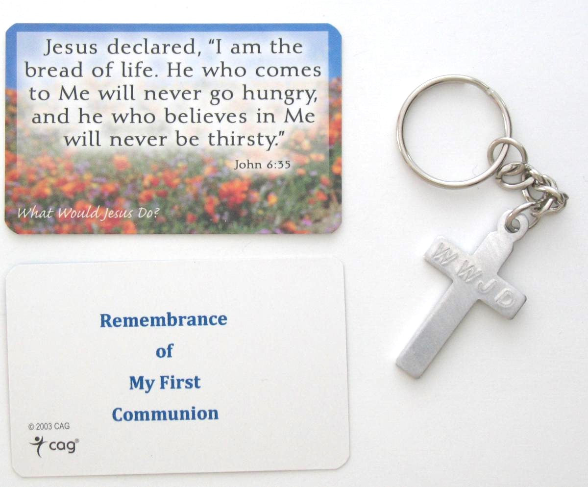 John 6:35 Card with WWJD Keychain- First Communion