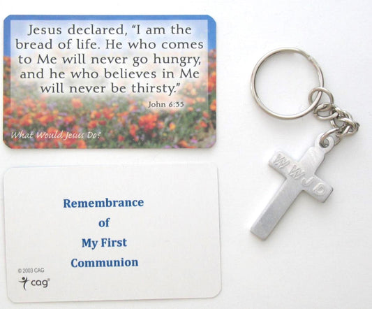 John 6:35 Card with WWJD Keychain- First Communion