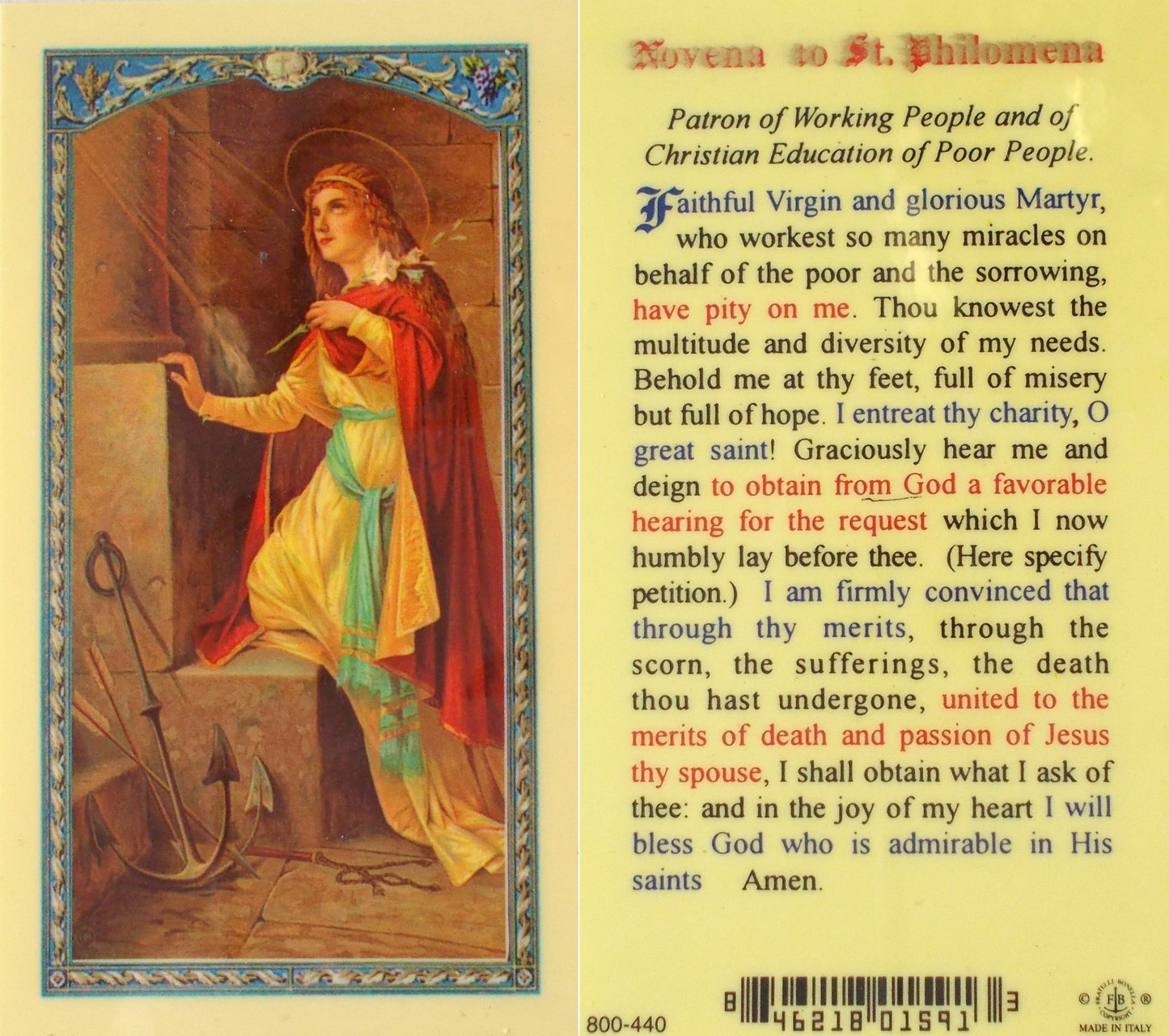 Laminated - St. Philomena - Novena Prayercard