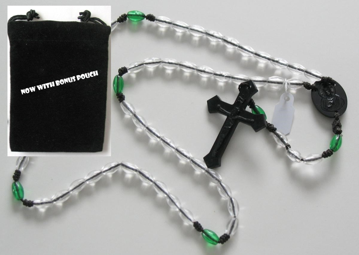 Black Cord Rosary with Plastic Beads & Bonus Pouch