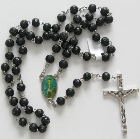 Rosary - Chain with Black Beads - Comes in Plastic Box